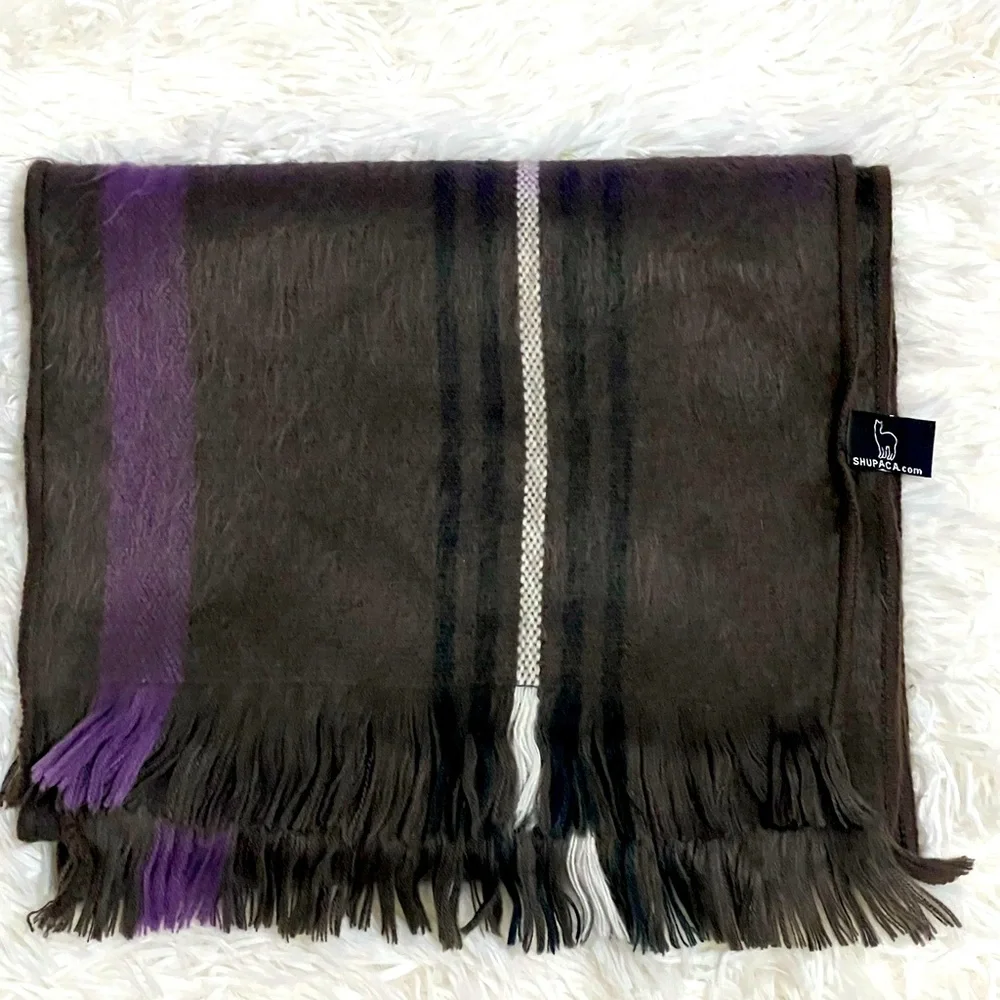 Shupaca Alpaca Scarf Brown Purple Plaid Fringe Handmade Ecuador Soft Winter Wrap